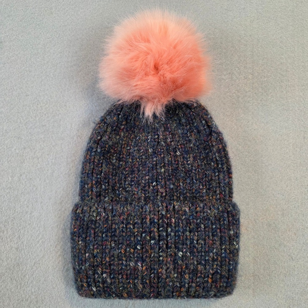 Norla Canada Womens Blue Marled Wool Blend Ribbed Knit Beanie Peach Pom Pom Hat